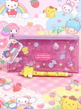 Sanrio Hello Kitty & Friends Pink Pencil Case + Pompompurin Pen Set NWT Kawaii